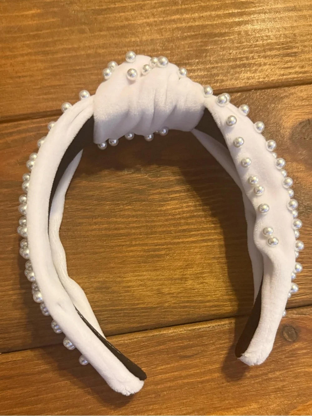 Brianna Cannon White Fleece Pearl Studded Wide Knotted Headband